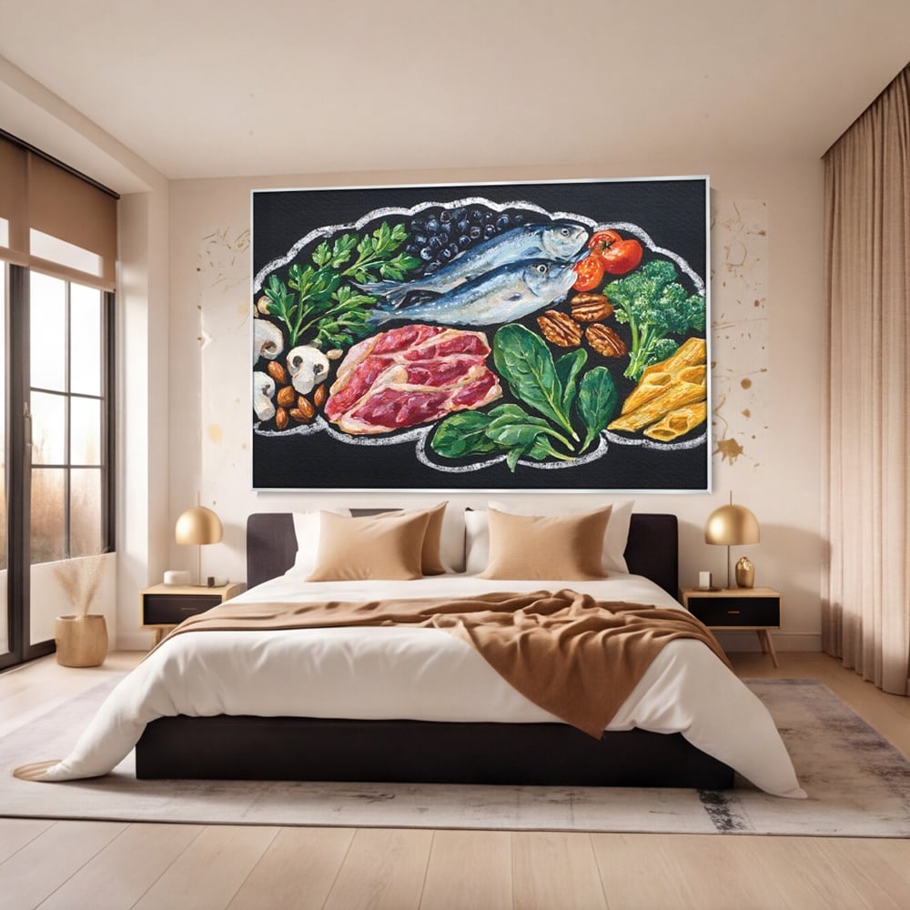 Tablou canvas cu pictura cu alimente variate pe fundal negru, in rama de aluminiu argintiu, pe perete intr-un dormitor